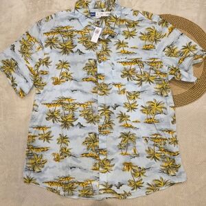Old Navy Men's Palm Tree Print Button Down Shirt - Blue and Yellow